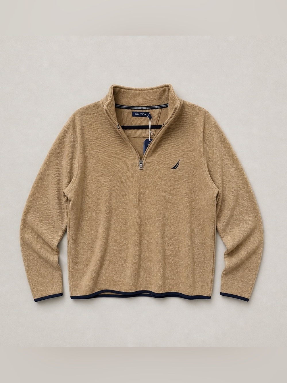 Nautica Men’s Tan Quarter-Zip Knit Sweater with Navy Trim